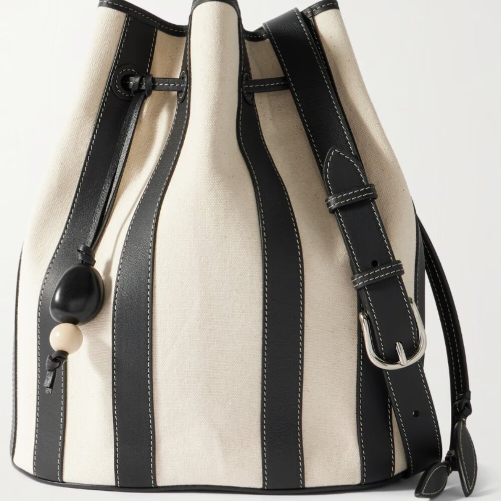 Hunting Season, extra large, leather-trimmed striped canvas bucket bag, black